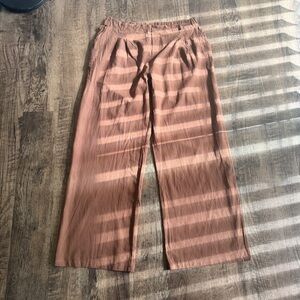 Brown Wide Leg Cotton Pants - Elastic Waist
